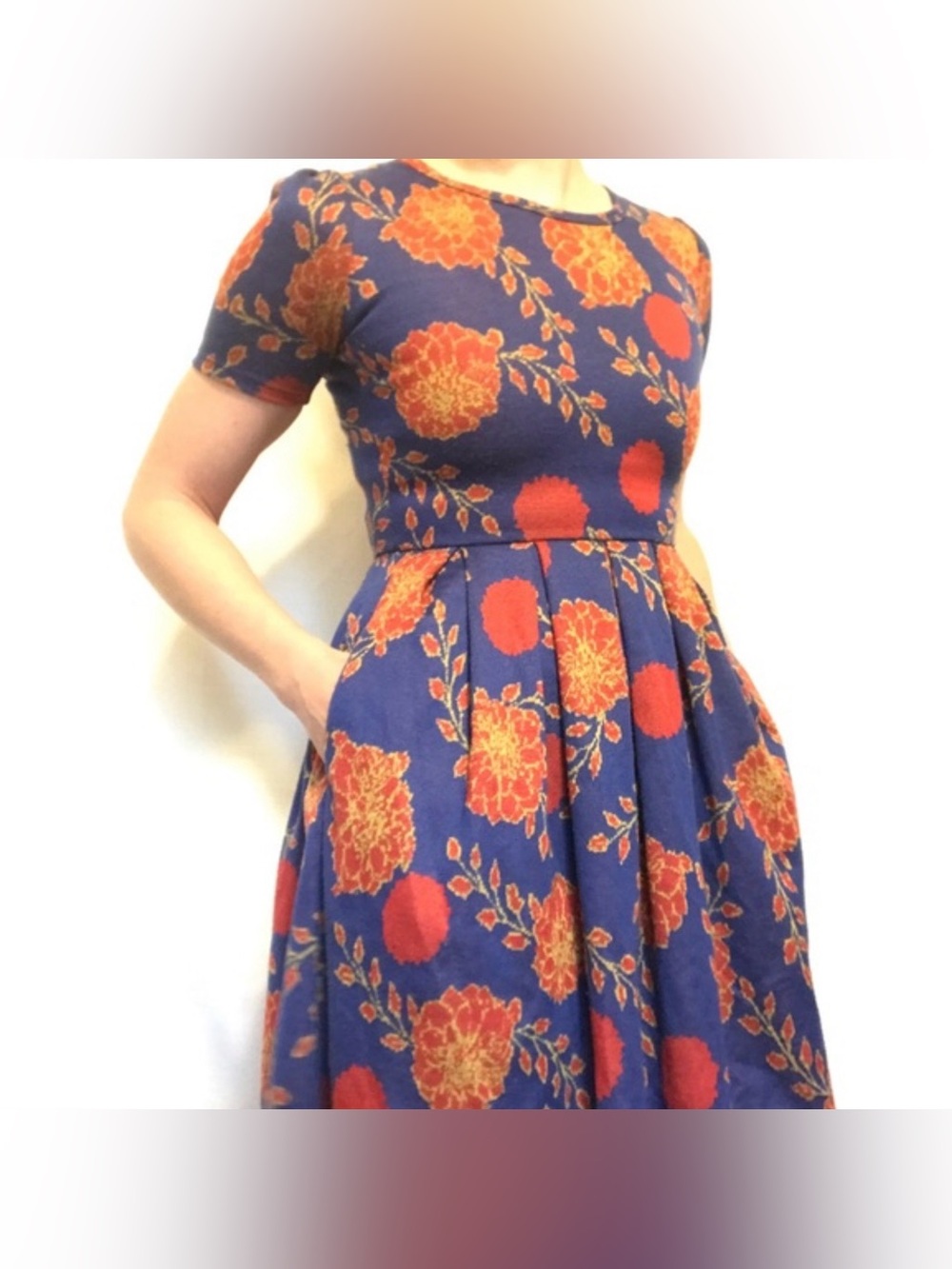 LuLaRoe Amelia Dress Jacquard Blue w/ Red Yellow Peony Flowers Womens 2XL NWT